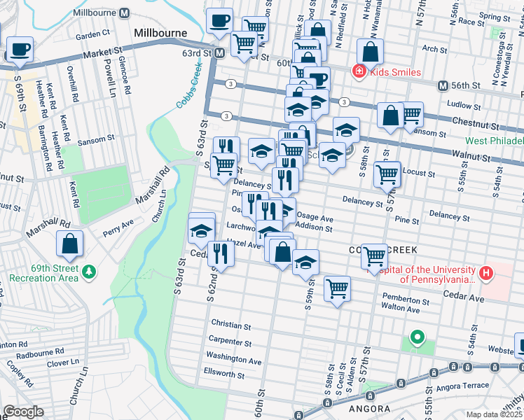 map of restaurants, bars, coffee shops, grocery stores, and more near 6045 Osage Avenue in Philadelphia