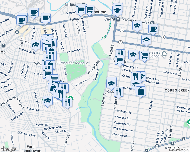 map of restaurants, bars, coffee shops, grocery stores, and more near 6617 Church Lane in Upper Darby