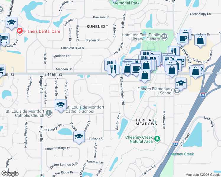 map of restaurants, bars, coffee shops, grocery stores, and more near 11455 Maple Drive in Fishers