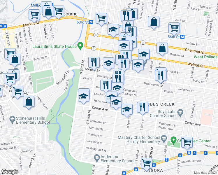 map of restaurants, bars, coffee shops, grocery stores, and more near 6045 Osage Avenue in Philadelphia