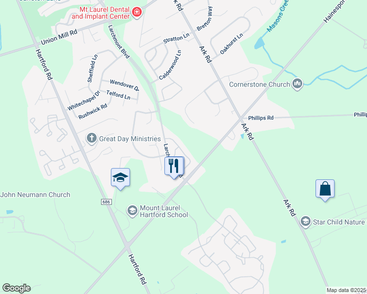 map of restaurants, bars, coffee shops, grocery stores, and more near 705A Ralston Drive in Mount Laurel Township