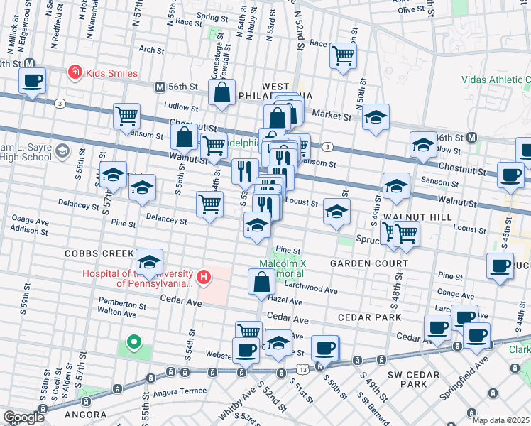 map of restaurants, bars, coffee shops, grocery stores, and more near 5208 Irving Street in Philadelphia