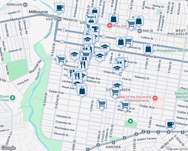 map of restaurants, bars, coffee shops, grocery stores, and more near 5912 Pine Street in Philadelphia