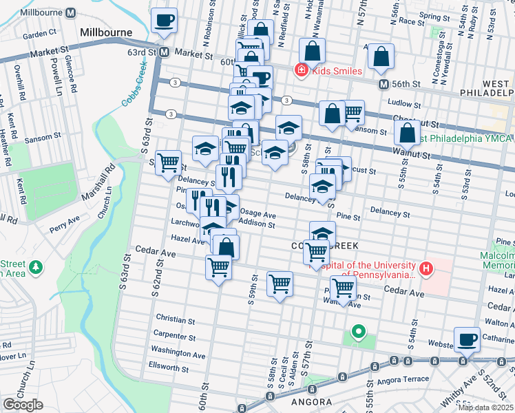 map of restaurants, bars, coffee shops, grocery stores, and more near 5914 Pine Street in Philadelphia