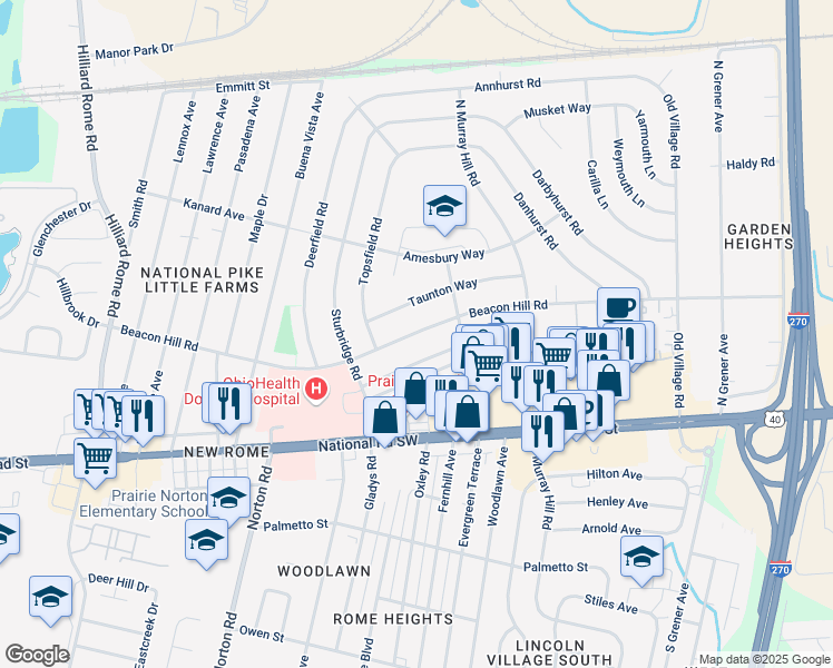 map of restaurants, bars, coffee shops, grocery stores, and more near 4961 Beacon Hill Road in Columbus