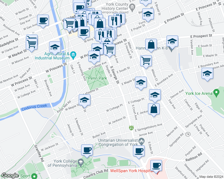 map of restaurants, bars, coffee shops, grocery stores, and more near 30 West Maple Street in York