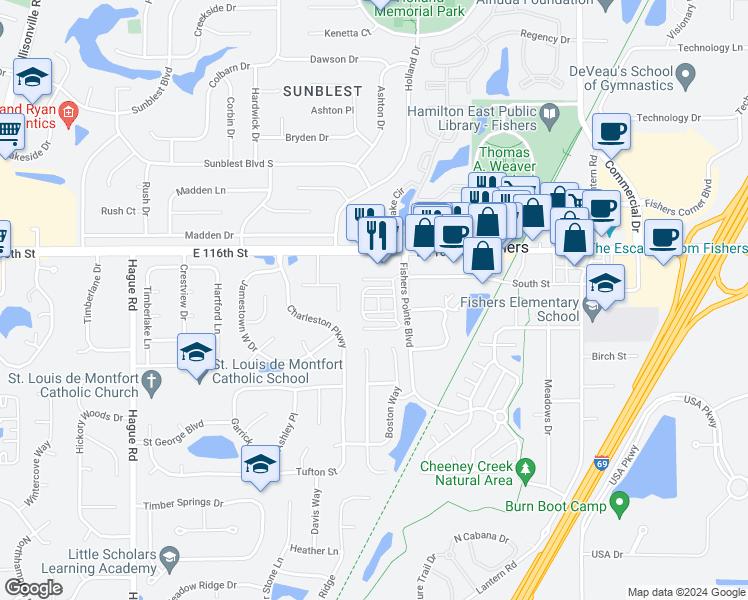 map of restaurants, bars, coffee shops, grocery stores, and more near 8229 Katrina Way in Fishers