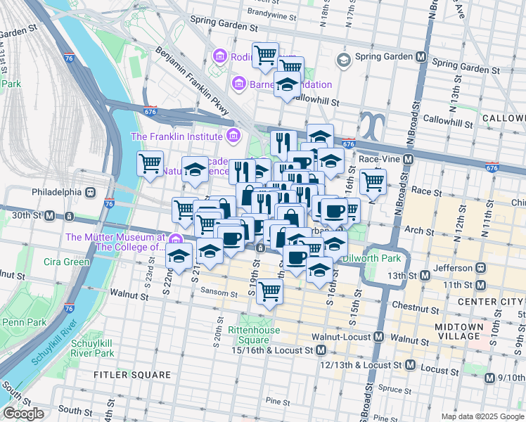map of restaurants, bars, coffee shops, grocery stores, and more near 1900 Arch Street in Philadelphia