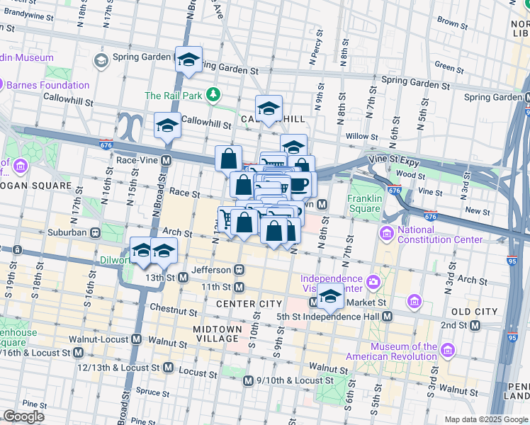 map of restaurants, bars, coffee shops, grocery stores, and more near 1001 Race Street in Philadelphia