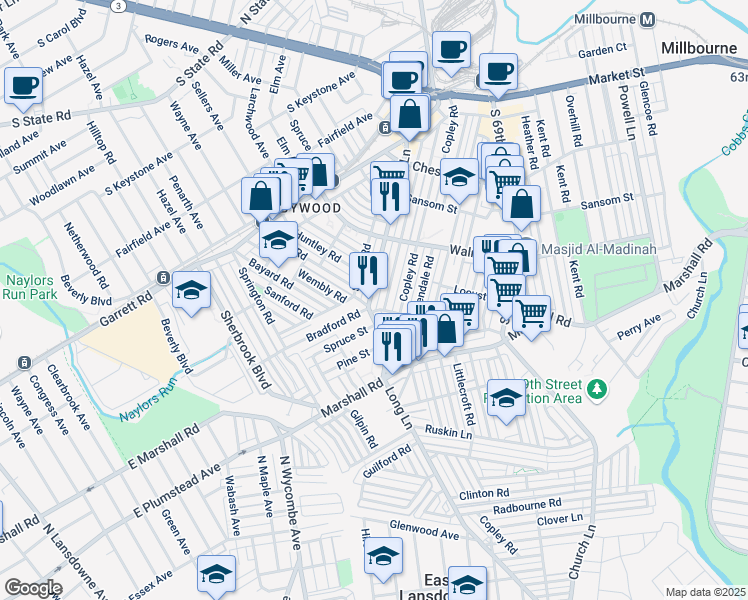 map of restaurants, bars, coffee shops, grocery stores, and more near 255 Long Lane in Upper Darby