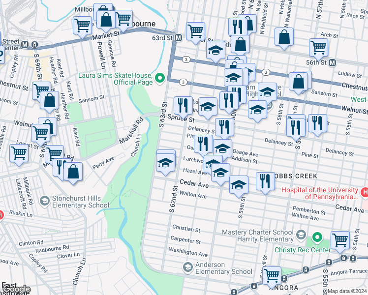 map of restaurants, bars, coffee shops, grocery stores, and more near 431 South 62nd Street in Philadelphia