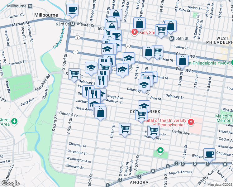 map of restaurants, bars, coffee shops, grocery stores, and more near 5906 Pine Street in Philadelphia