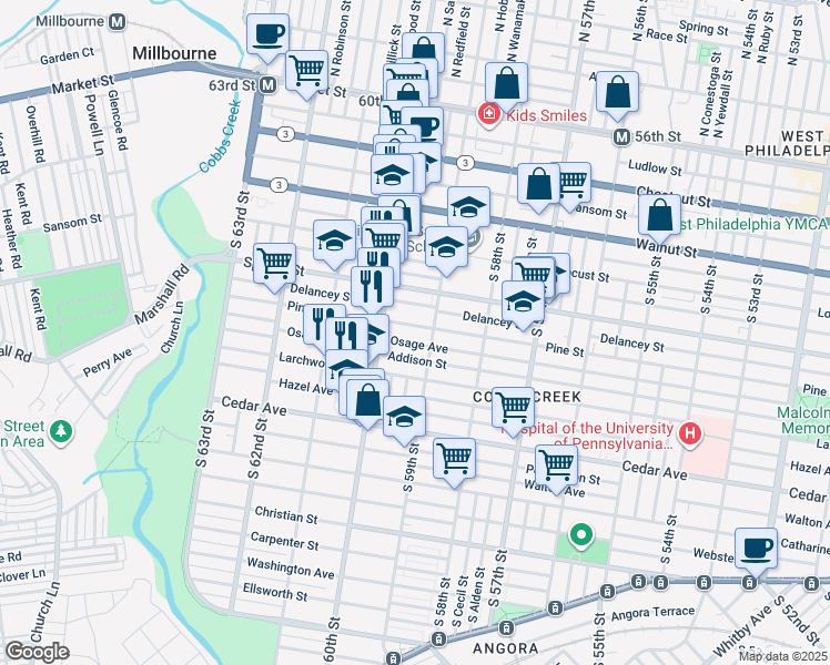 map of restaurants, bars, coffee shops, grocery stores, and more near 5920 Pine Street in Philadelphia