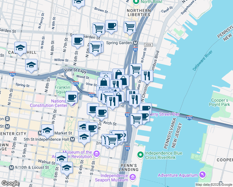map of restaurants, bars, coffee shops, grocery stores, and more near 201 New Street in Philadelphia
