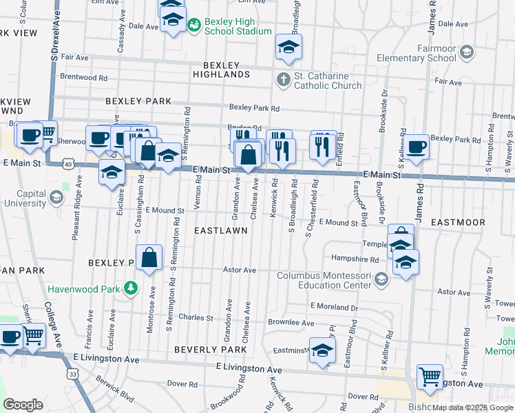 map of restaurants, bars, coffee shops, grocery stores, and more near 721 South Gould Road in Bexley