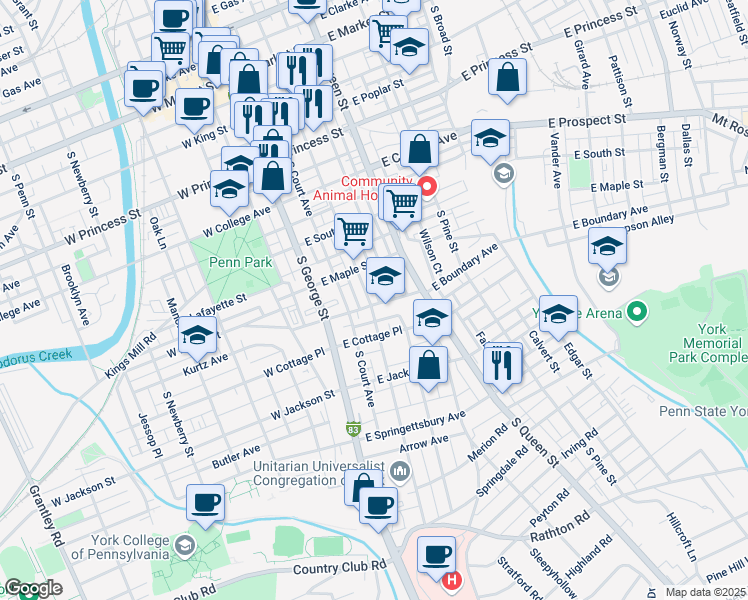 map of restaurants, bars, coffee shops, grocery stores, and more near 526 South Duke Street in York