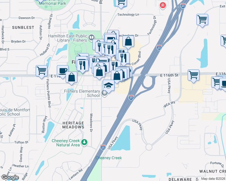 map of restaurants, bars, coffee shops, grocery stores, and more near 8936 South Street in Fishers