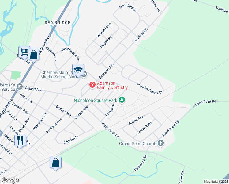 map of restaurants, bars, coffee shops, grocery stores, and more near 1996 Ashley Drive in Chambersburg