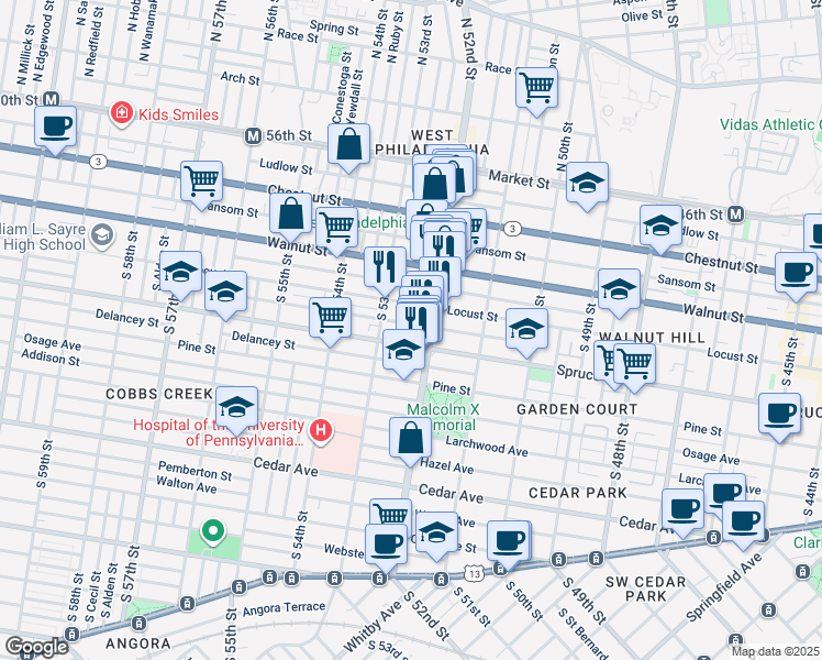 map of restaurants, bars, coffee shops, grocery stores, and more near 5216 Irving Street in Philadelphia