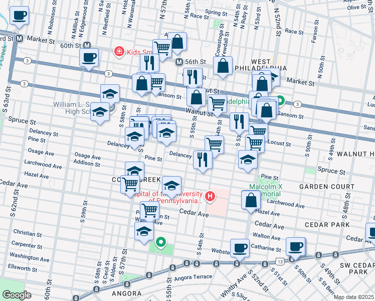map of restaurants, bars, coffee shops, grocery stores, and more near 5502 Spruce Street in Philadelphia
