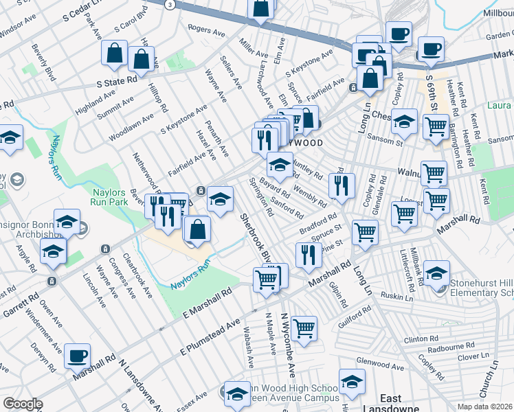 map of restaurants, bars, coffee shops, grocery stores, and more near 331 Margate Road in Delaware County