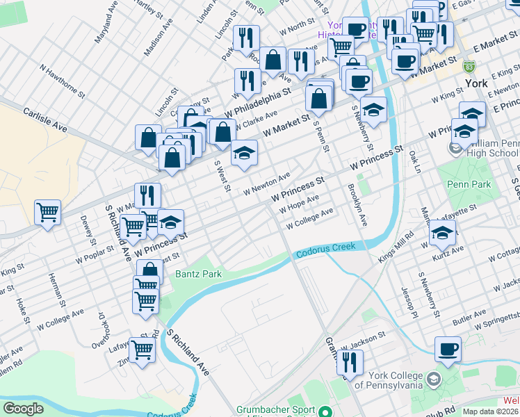 map of restaurants, bars, coffee shops, grocery stores, and more near 543 West Princess Street in York