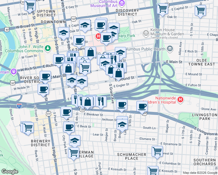 map of restaurants, bars, coffee shops, grocery stores, and more near 399 South Grant Avenue in Columbus