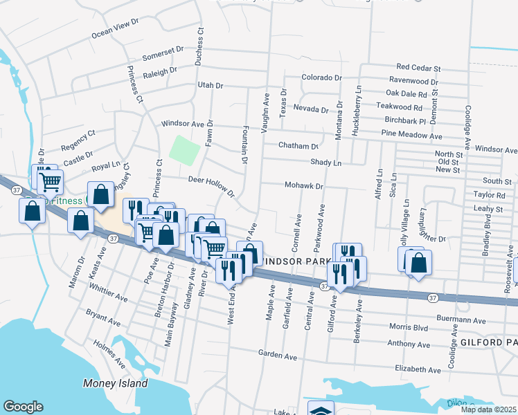 map of restaurants, bars, coffee shops, grocery stores, and more near 1610 Deer Hollow Drive in Toms River