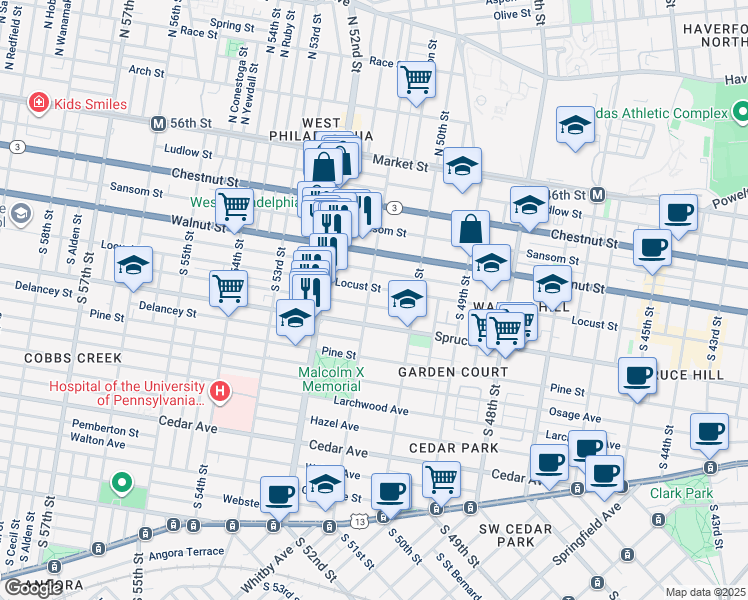 map of restaurants, bars, coffee shops, grocery stores, and more near 5047 Locust Street in Philadelphia