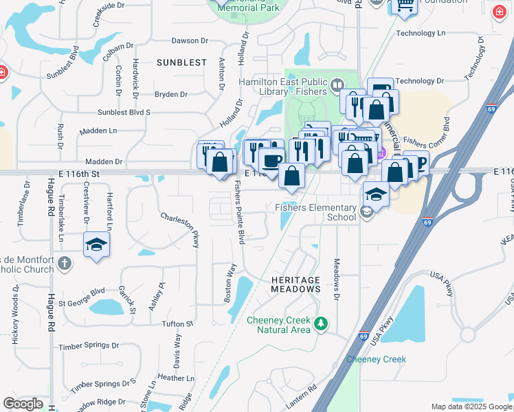 map of restaurants, bars, coffee shops, grocery stores, and more near 8409 Fishers Center Drive in Fishers