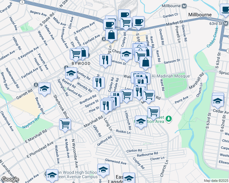 map of restaurants, bars, coffee shops, grocery stores, and more near 275 Glendale Road in Upper Darby