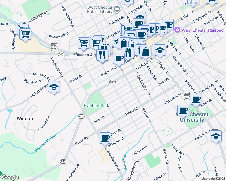 map of restaurants, bars, coffee shops, grocery stores, and more near 407 West Barnard Street in West Chester