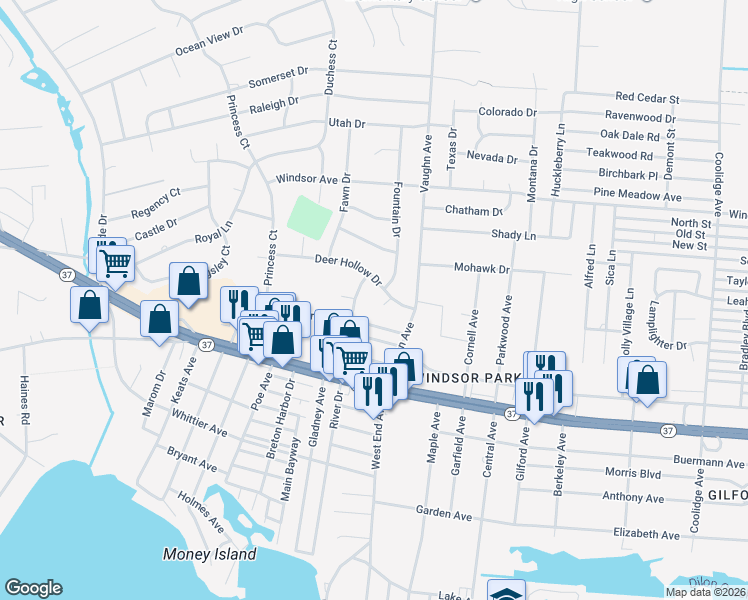 map of restaurants, bars, coffee shops, grocery stores, and more near 537 River Drive in Toms River