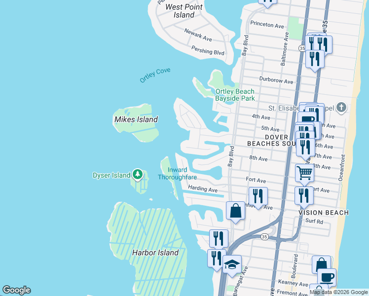 map of restaurants, bars, coffee shops, grocery stores, and more near 22 6th Terrace in Seaside Heights