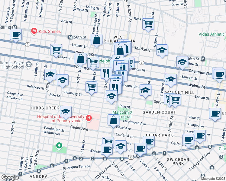 map of restaurants, bars, coffee shops, grocery stores, and more near 5220 Irving Street in Philadelphia