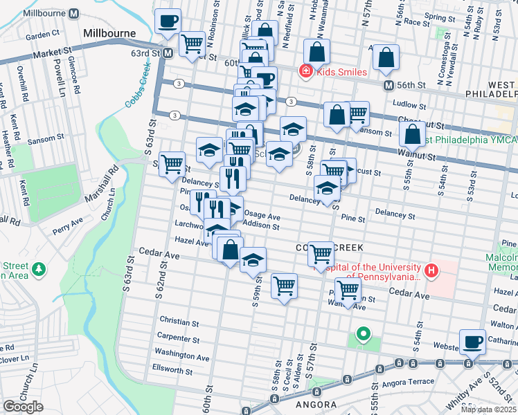 map of restaurants, bars, coffee shops, grocery stores, and more near 5920 Pine Street in Philadelphia