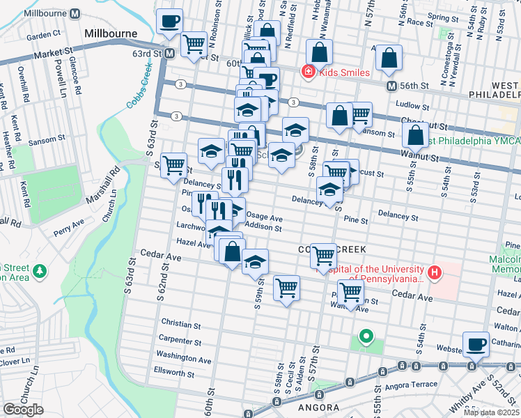 map of restaurants, bars, coffee shops, grocery stores, and more near 5922 Pine Street in Philadelphia
