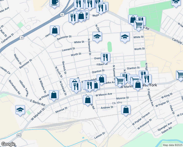map of restaurants, bars, coffee shops, grocery stores, and more near 131 North Diamond Street in York