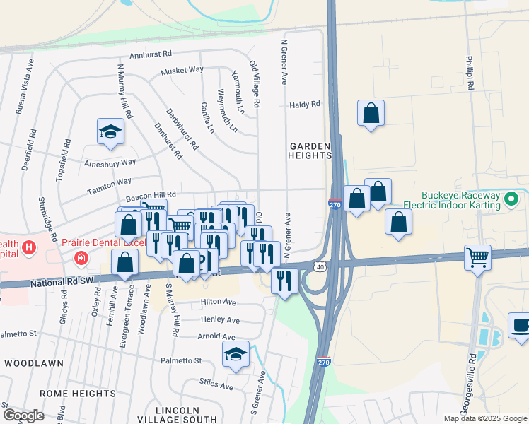 map of restaurants, bars, coffee shops, grocery stores, and more near 150 Old Village Road in Columbus