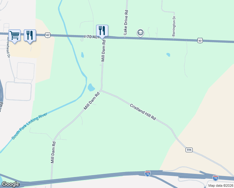 map of restaurants, bars, coffee shops, grocery stores, and more near 4053 Cristland Hill Road in Hebron