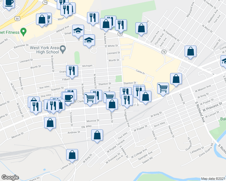 map of restaurants, bars, coffee shops, grocery stores, and more near 1441 West Philadelphia Street in West York