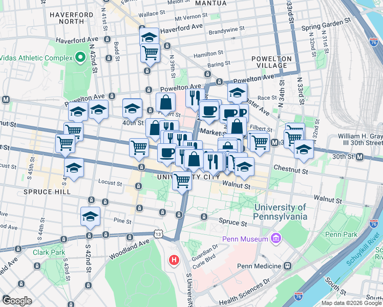 map of restaurants, bars, coffee shops, grocery stores, and more near S 38th St & Chestnut St in Philadelphia