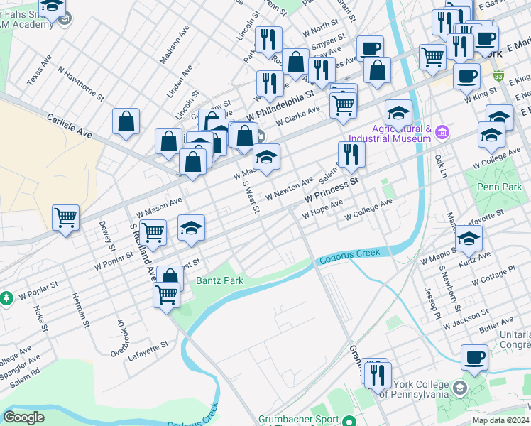map of restaurants, bars, coffee shops, grocery stores, and more near 585 West Princess Street in York