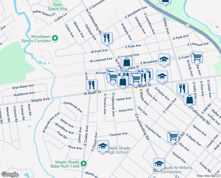 map of restaurants, bars, coffee shops, grocery stores, and more near 105 West Main Street in Maple Shade