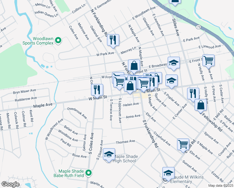 map of restaurants, bars, coffee shops, grocery stores, and more near 105 West Main Street in Maple Shade