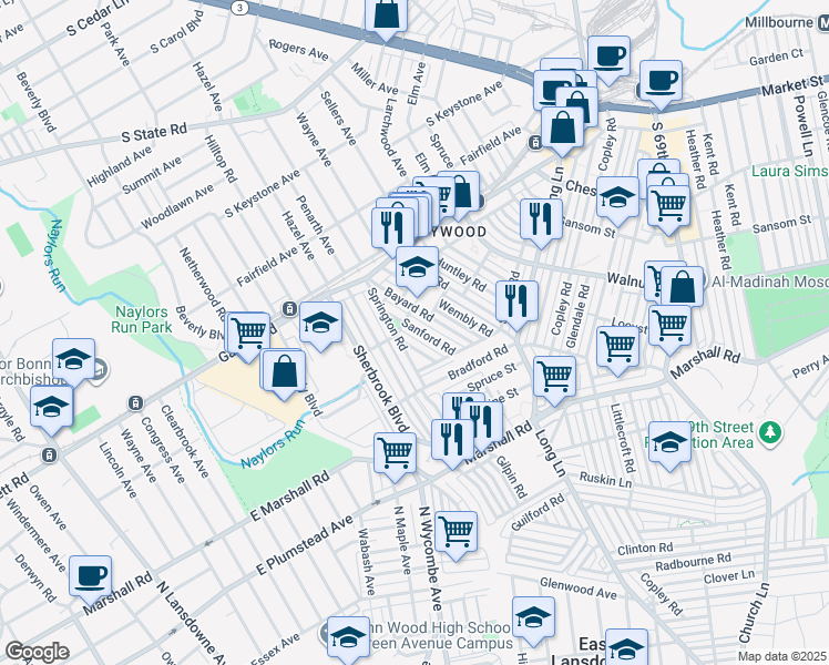 map of restaurants, bars, coffee shops, grocery stores, and more near 295 Madeira Road in Delaware County