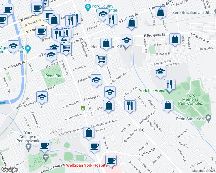 map of restaurants, bars, coffee shops, grocery stores, and more near 614 South Queen Street in York