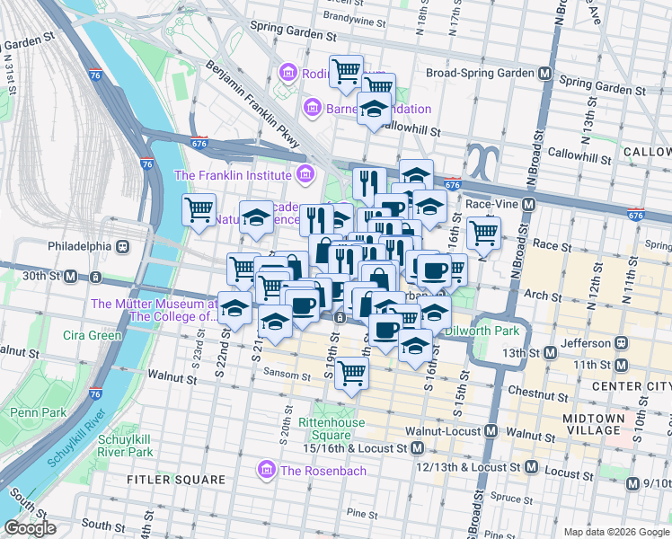 map of restaurants, bars, coffee shops, grocery stores, and more near 1906 Arch Street in Philadelphia