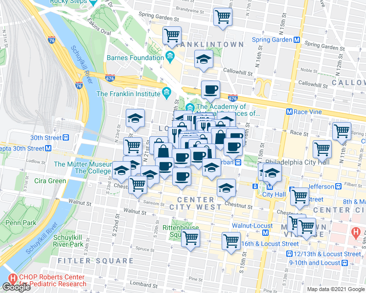 map of restaurants, bars, coffee shops, grocery stores, and more near 1900 Arch Street in Philadelphia
