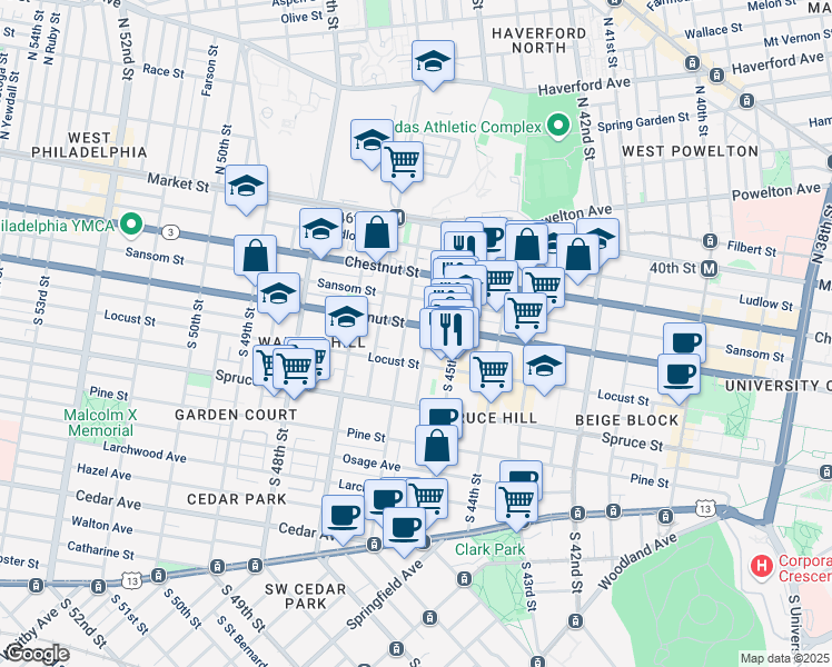 map of restaurants, bars, coffee shops, grocery stores, and more near 4524 Walnut Street in Philadelphia